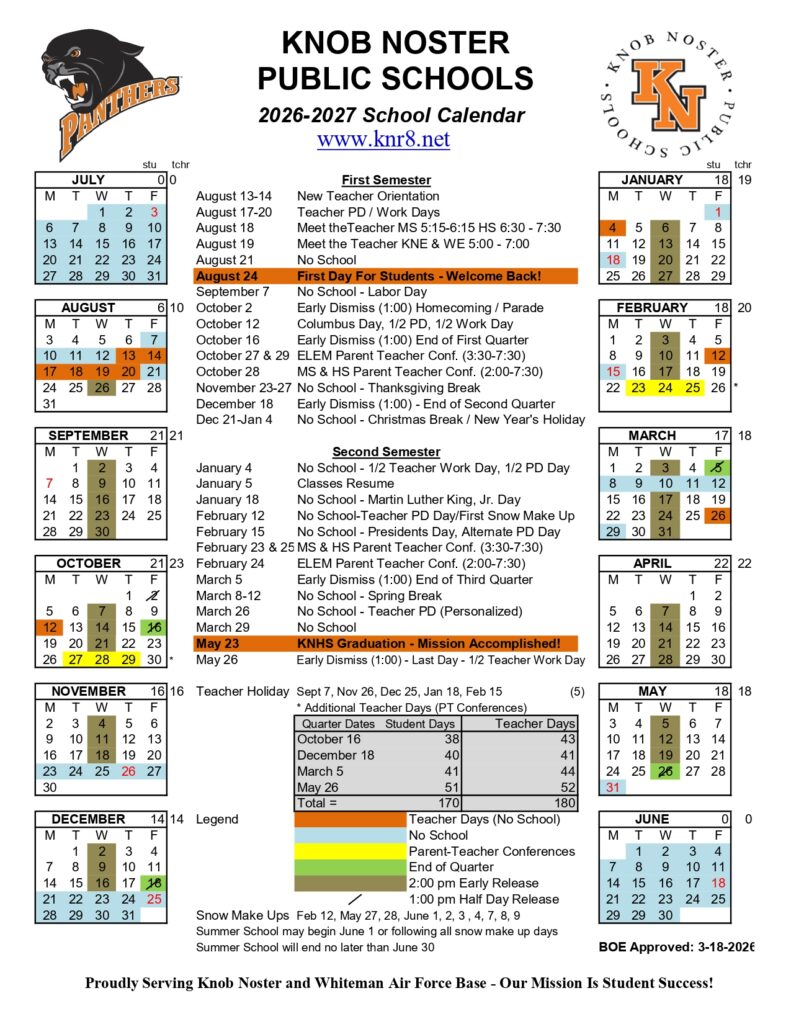Knob Noster Public Schools Calendar 2026-2027