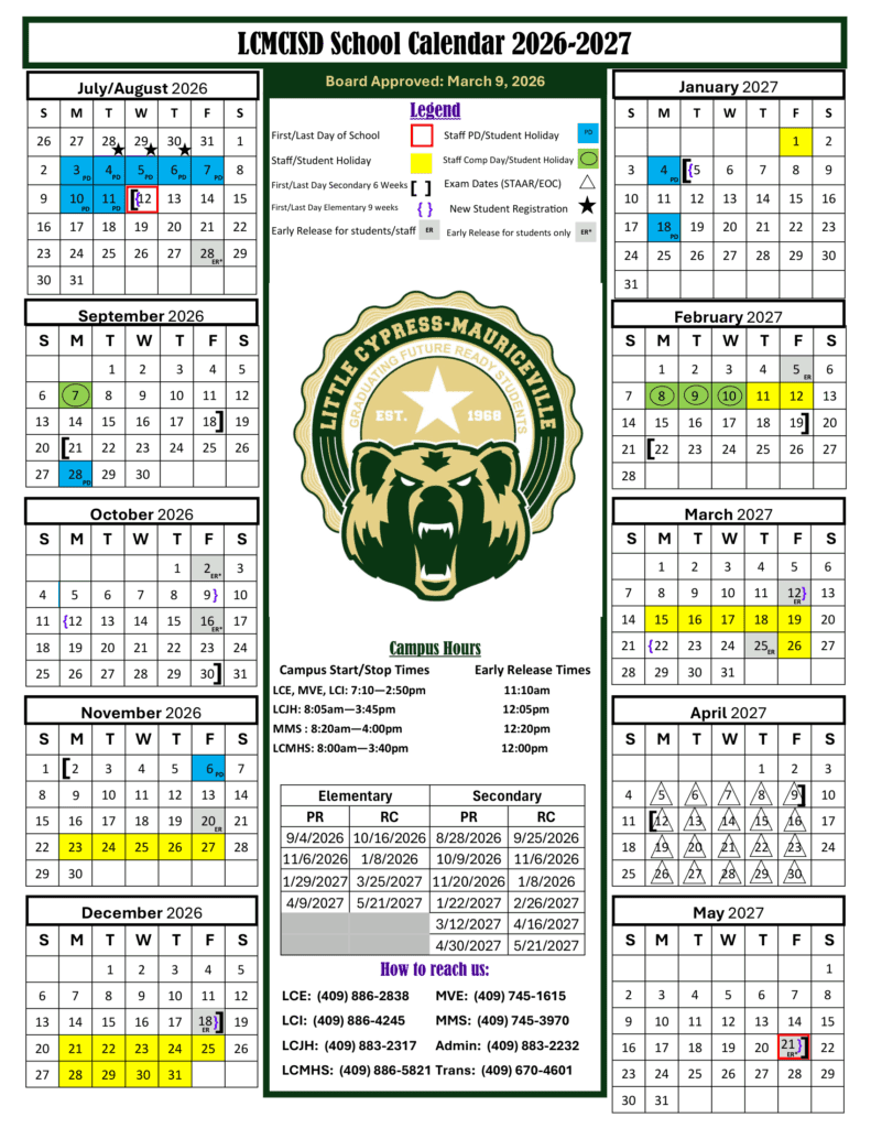 Little Cypress-Mauriceville CISD 26-27 Calendar