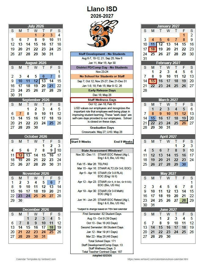 Llano ISD 26-27 Calendar [PDF]