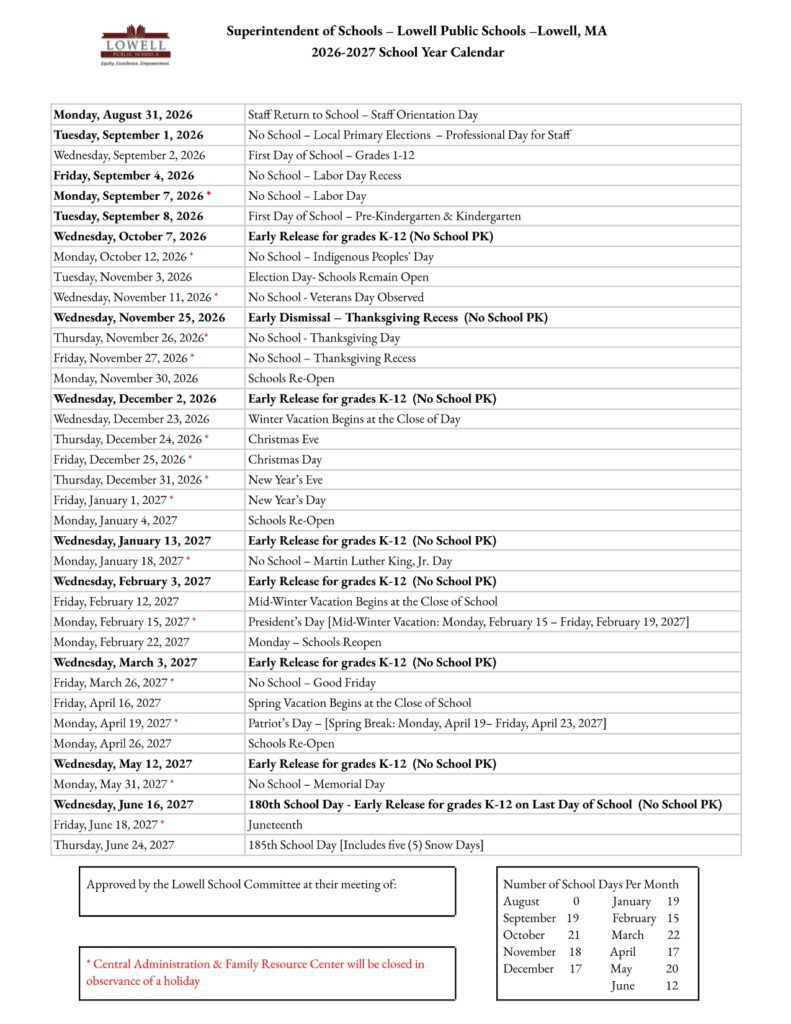 Lowell Public Schools 2026-2027
