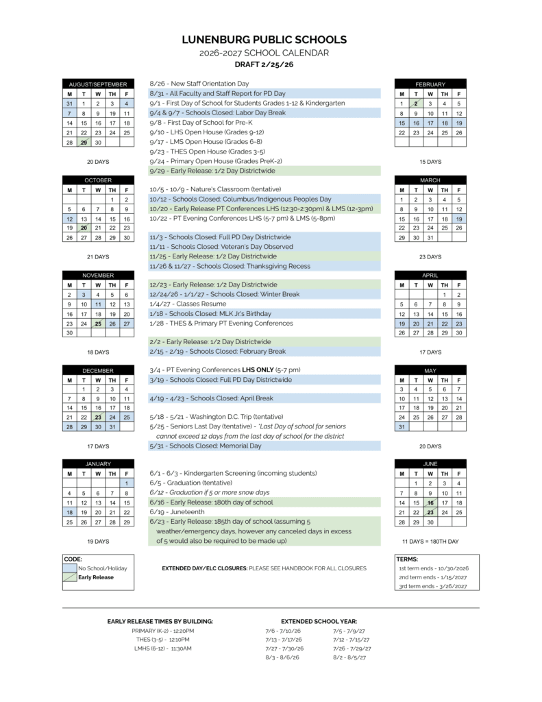 Lunenburg Public Schools 26-27 Calendar