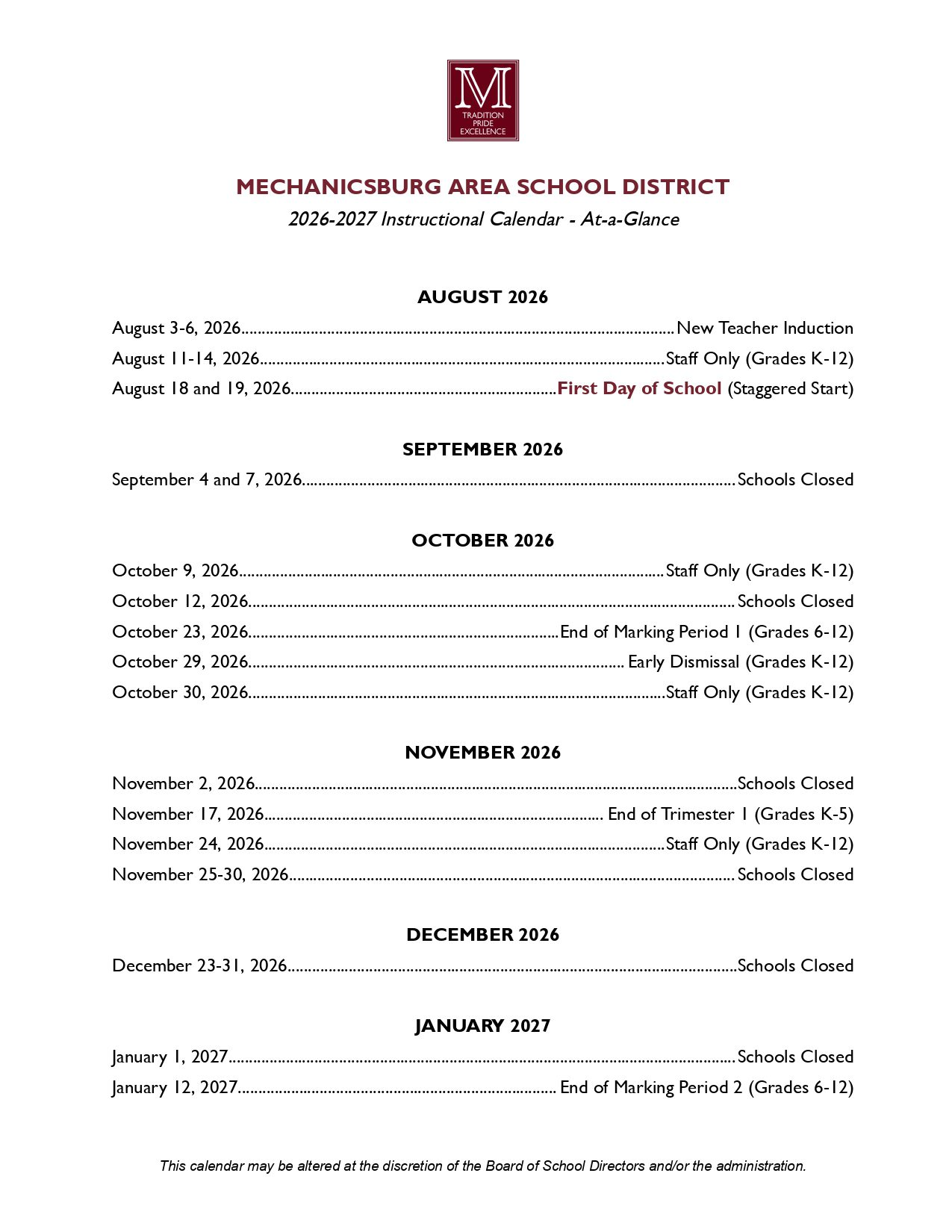 MECHANICSBURG AREA SCHOOL  pa Calendar 26-27 Revised PDF