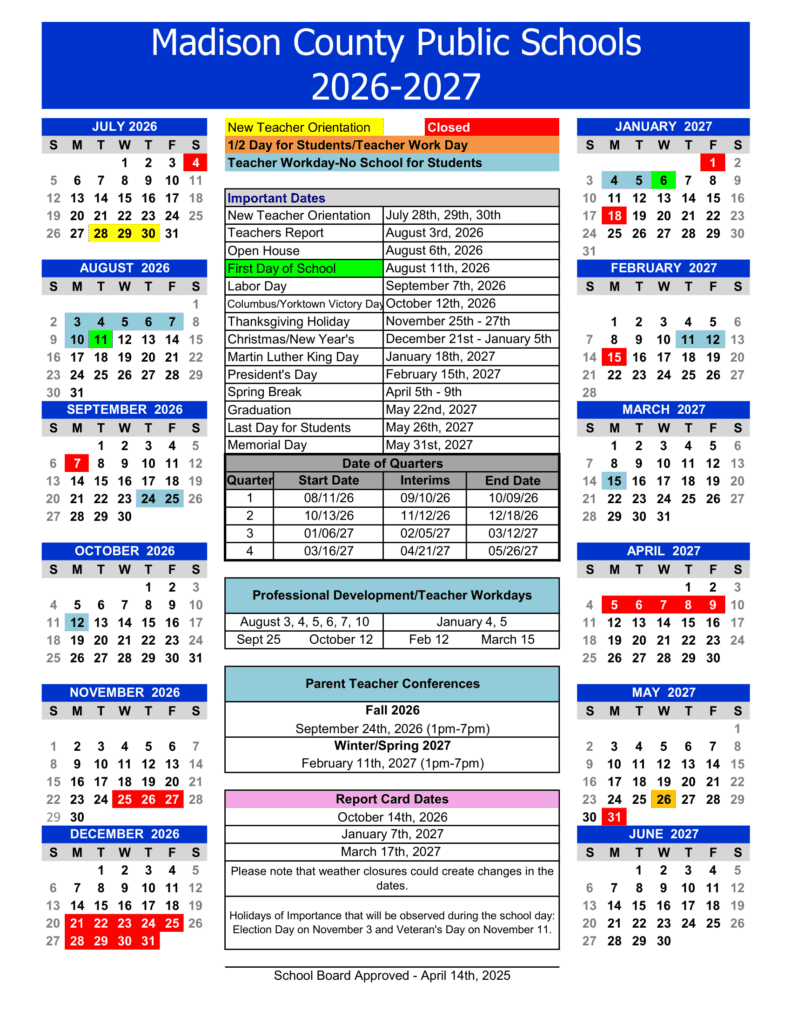 Madison County Public Schools 26-27 Calendar
