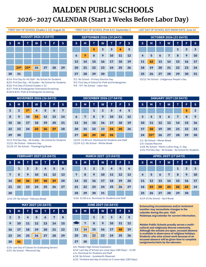 Malden Public Schools 26-27 Calendar