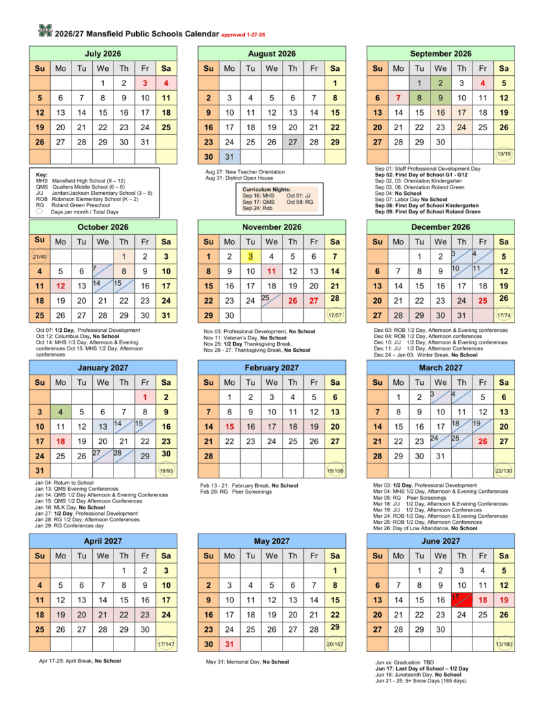 Mansfield Public Schools 26-27 Calendar