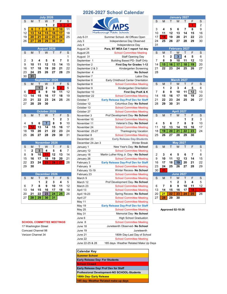 Marlborough Public Schools 26-27 Calendar
