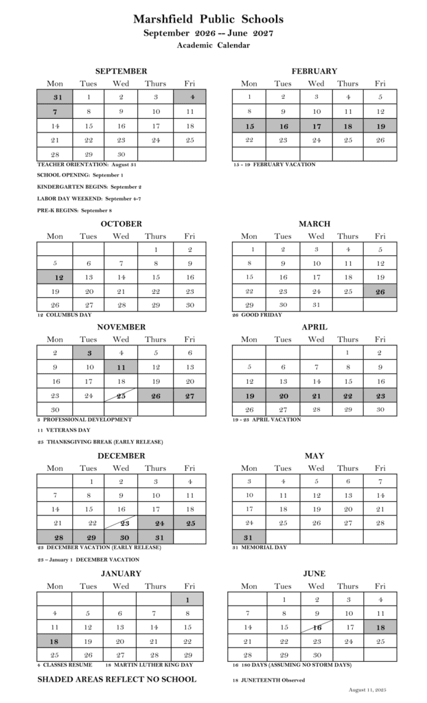 Marshfield Public Schools 26-27 Calendar