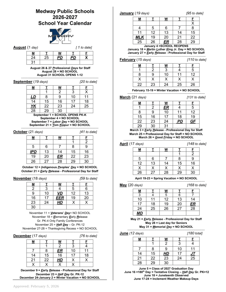 Medway Public Schools 26-27 Calendar