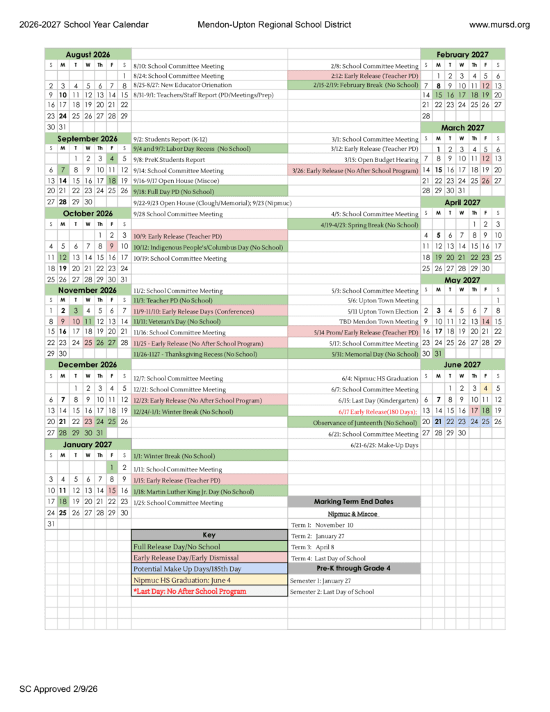Mendon-Upton Regional School District 26-27 Calendar