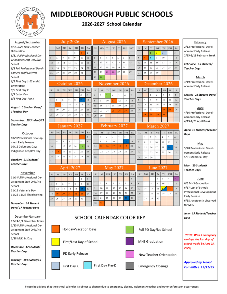 Middleborough Public Schools 26-27 Calendar