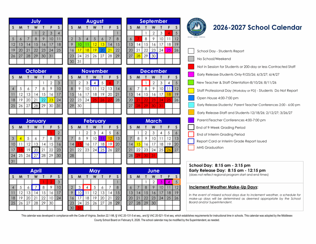 Middlesex County Public Schools 26-27 Calendar