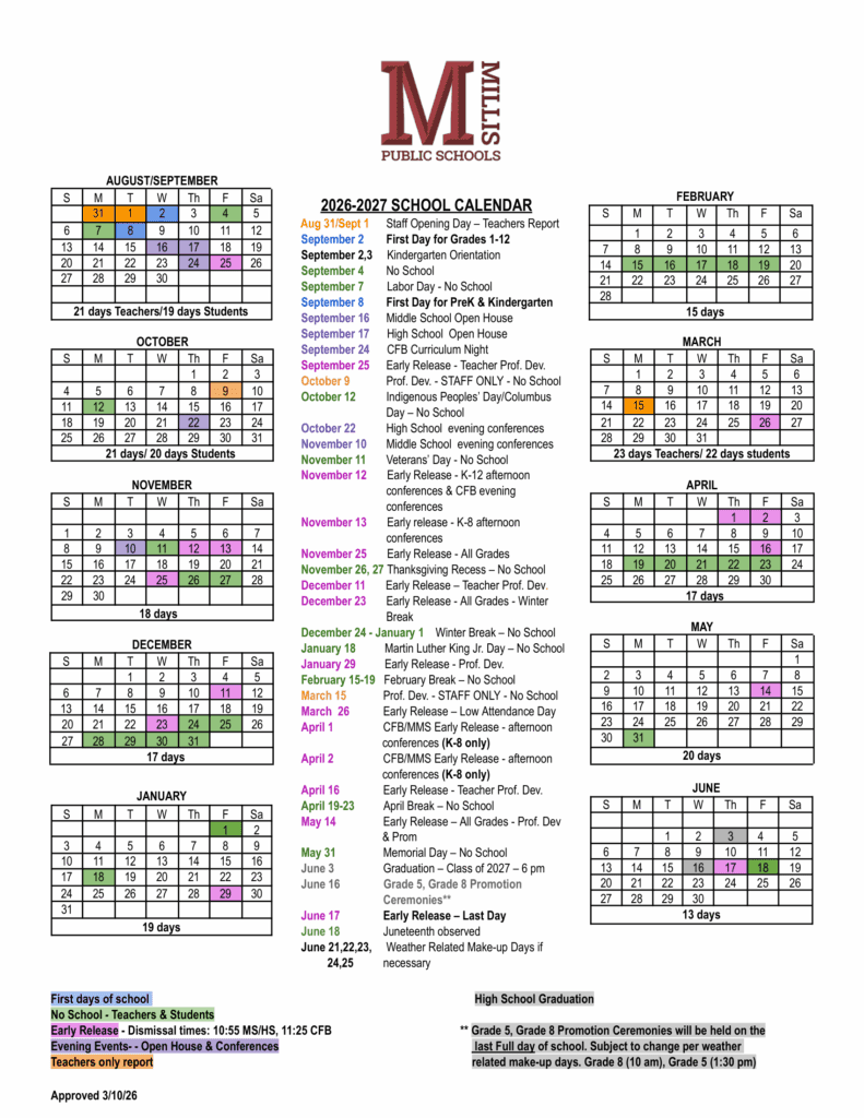 Millis Public Schools 26-27 Calendar