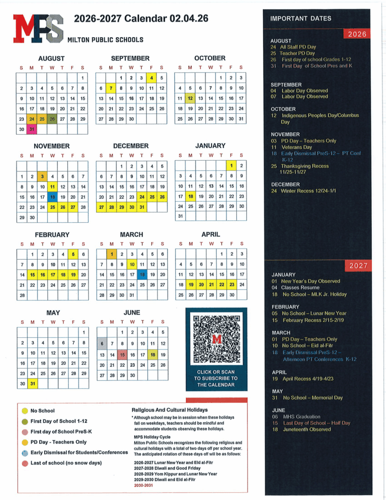 Milton Public Schools 26-27 Calendar