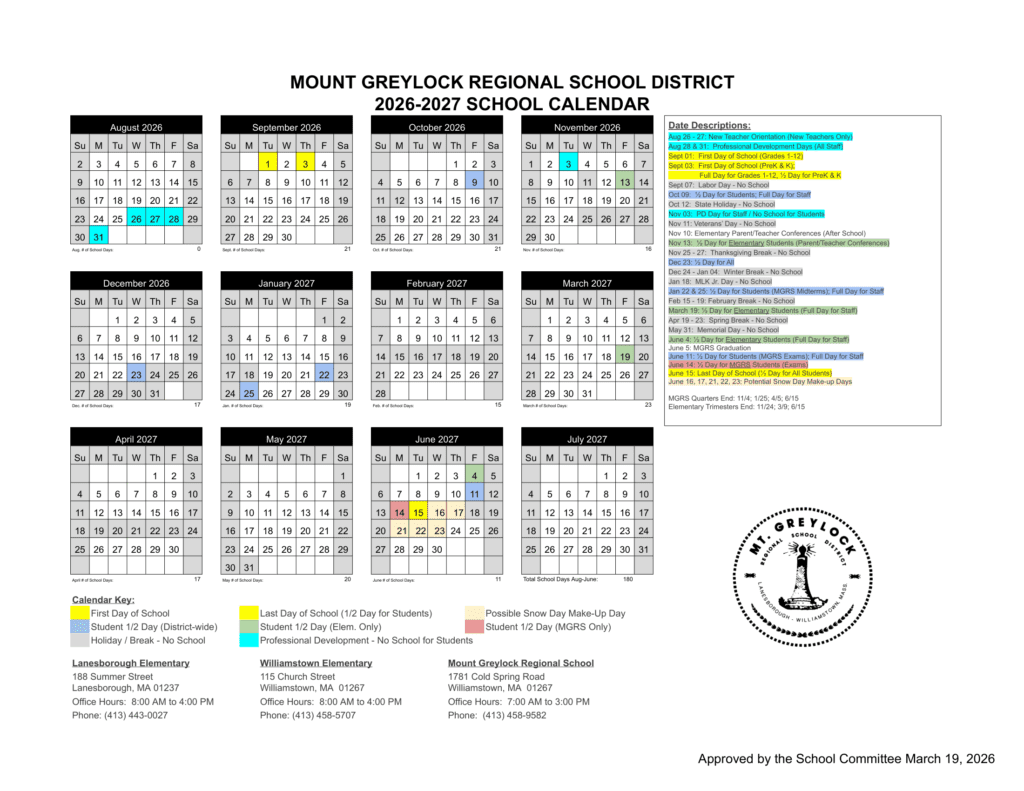 Mount Greylock Regional School District 26-27 Calendar