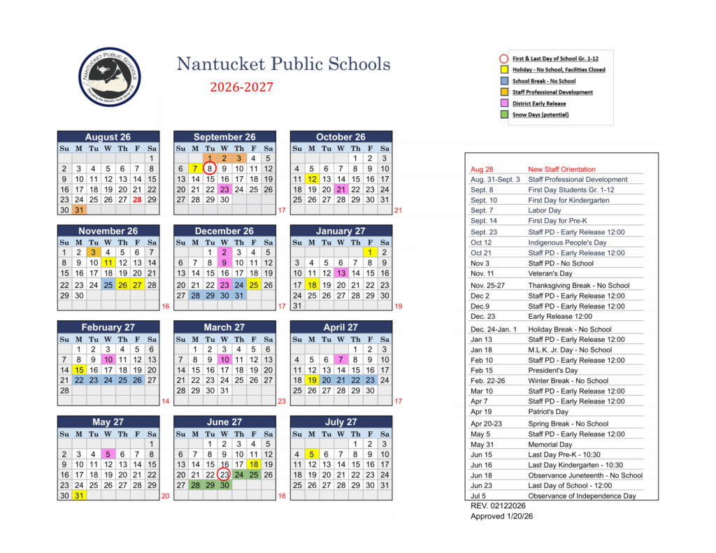 Nantucket Public Schools 26-27 Calendar