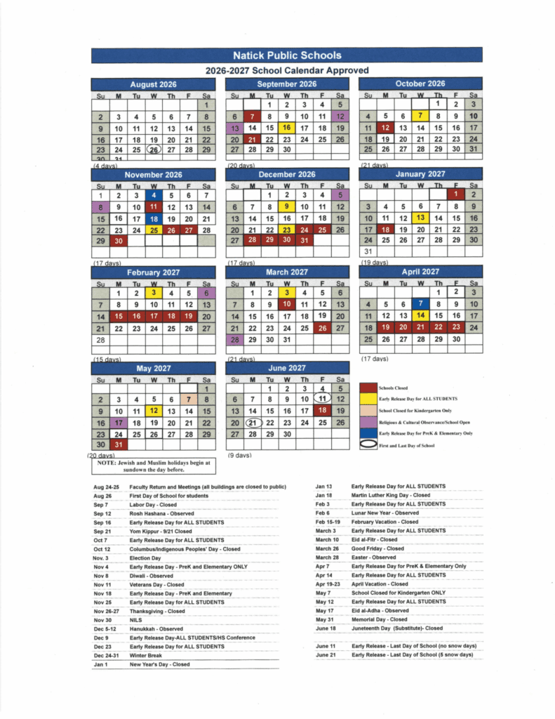 Natick Public Schools 26-27 Calendar