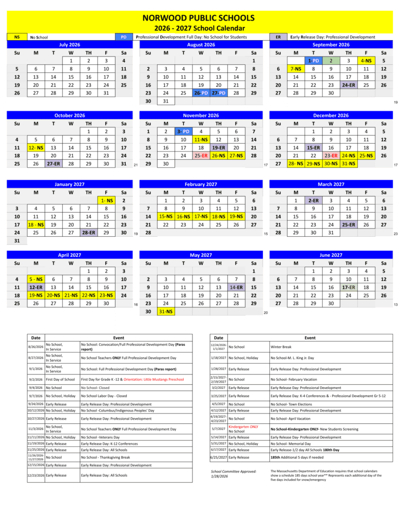 Norwood Public Schools 26-27 Calendar