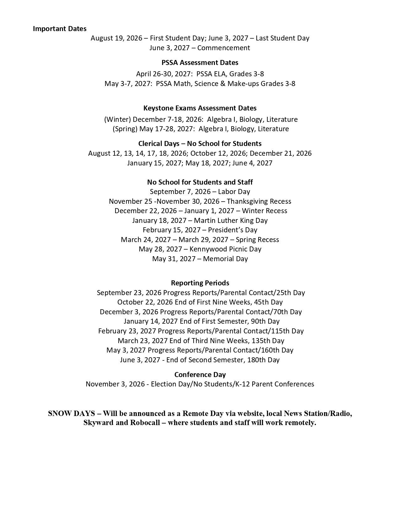 Penn Hills School District Calendar 26-27 Updates