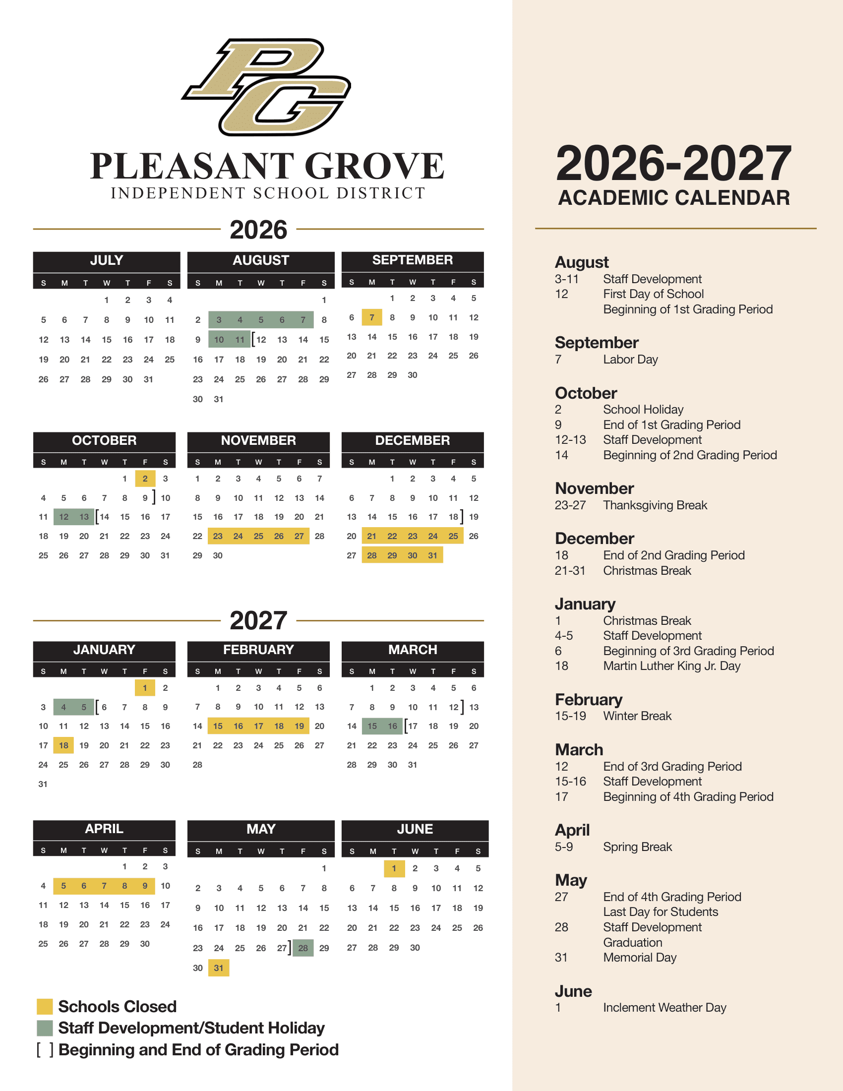 Pleasant Grove PGISD Independent School District  26-27 Calendar [PDF]
