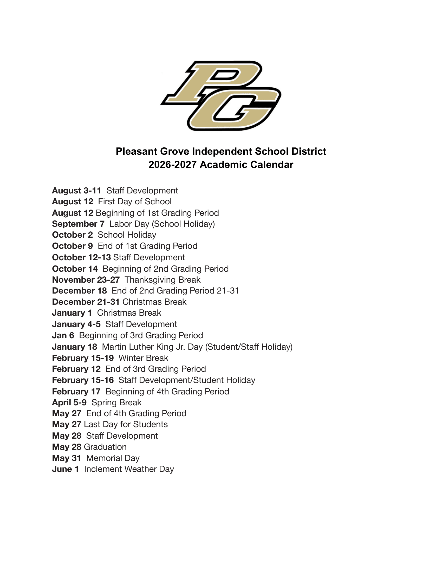 Pleasant Grove PGISD Independent School District  26-27 Calendar [PDF]