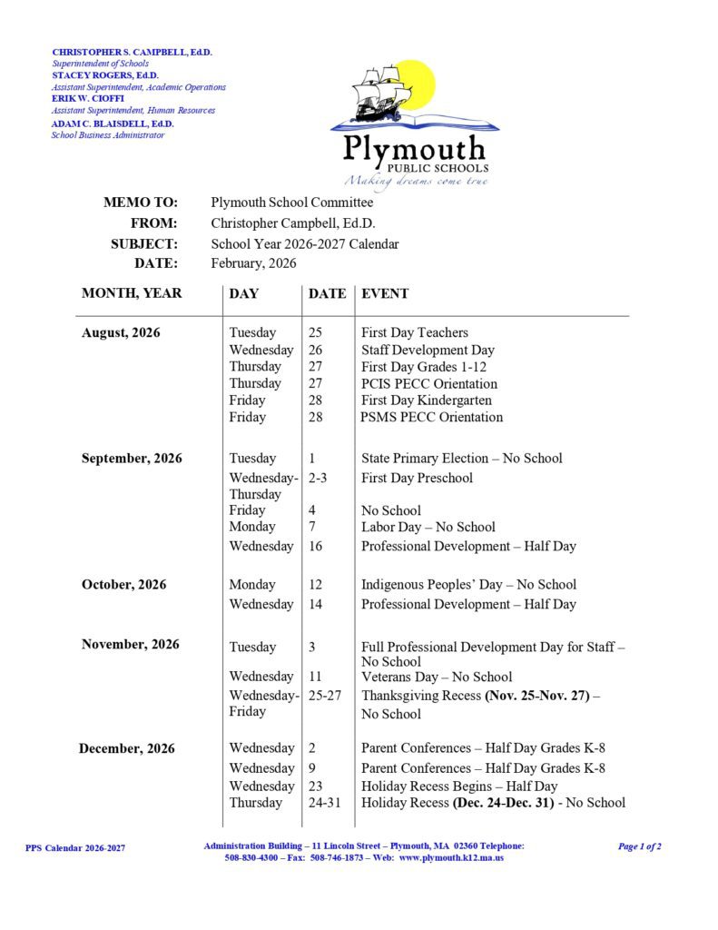 Plymouth Public Schools 2026-2027...1