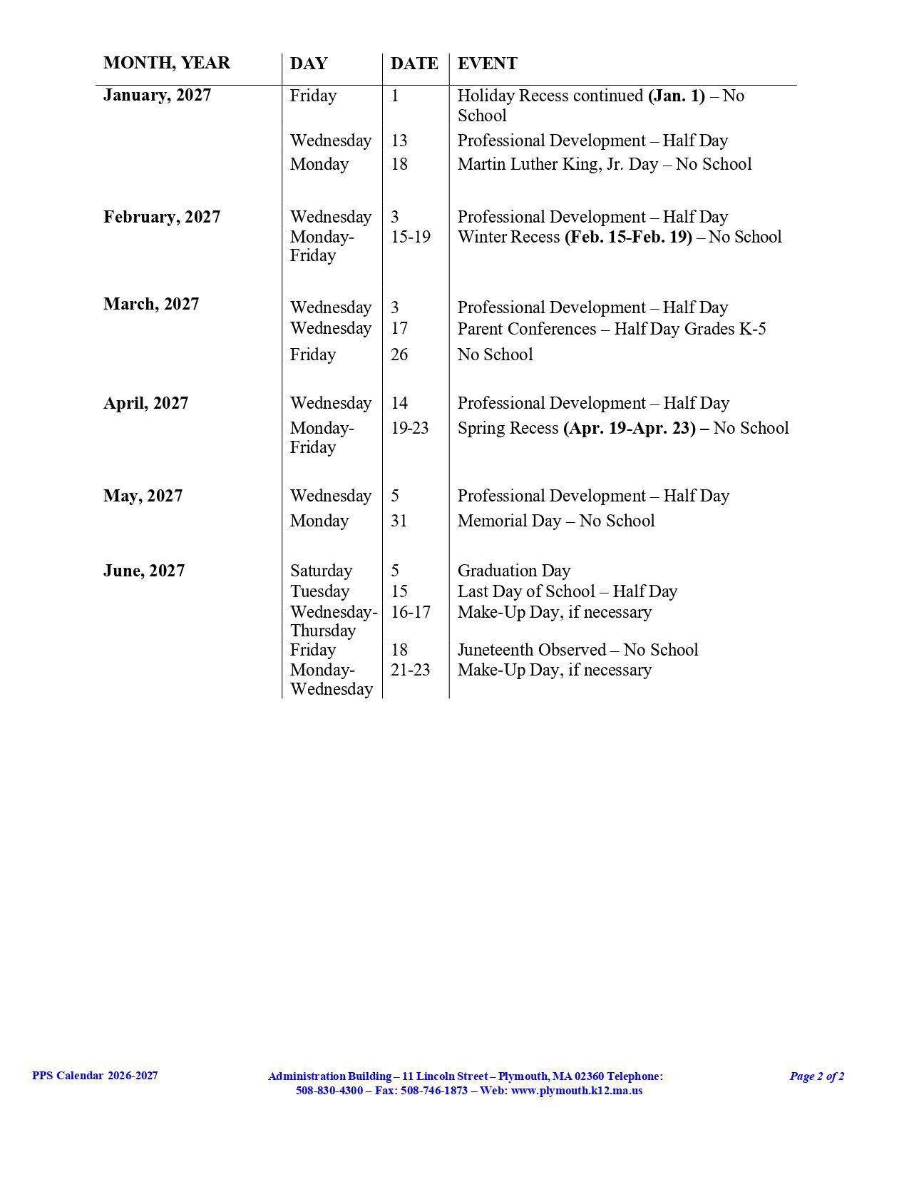 Plymouth Public Schools MA Calendar 26-27 [PDF]