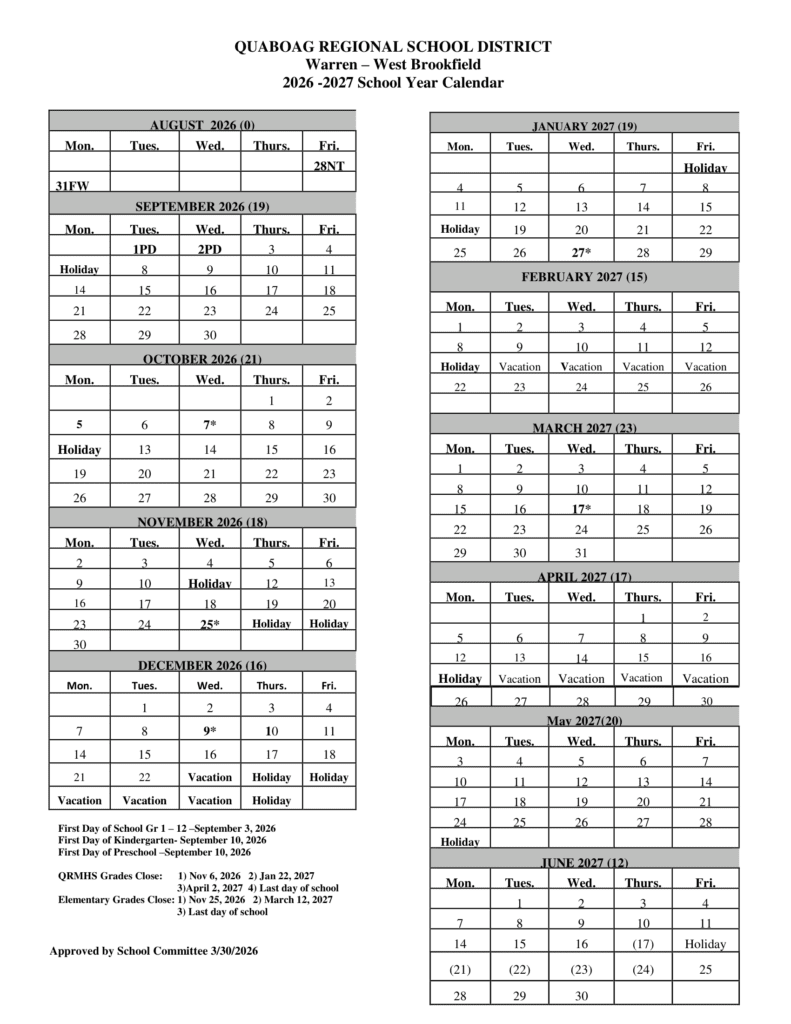 Quaboag Regional School District 26-27 Calendar (1)