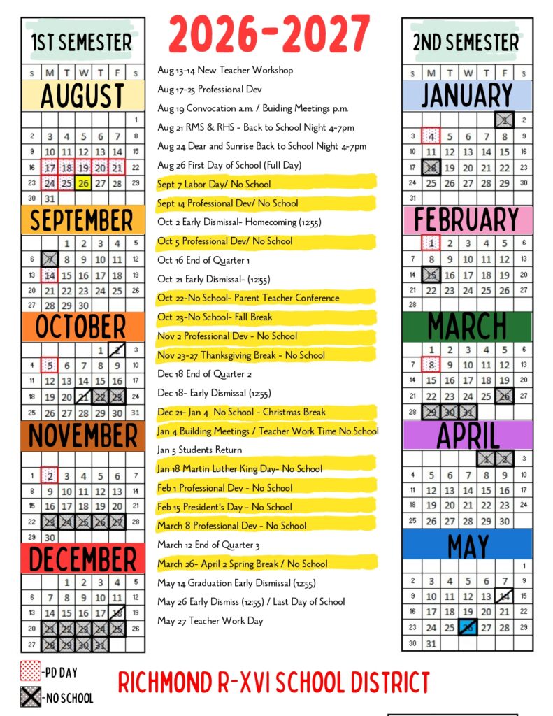 RICHMOND R-XVI SCHOOL DISTRICT Calendar 2026-2027