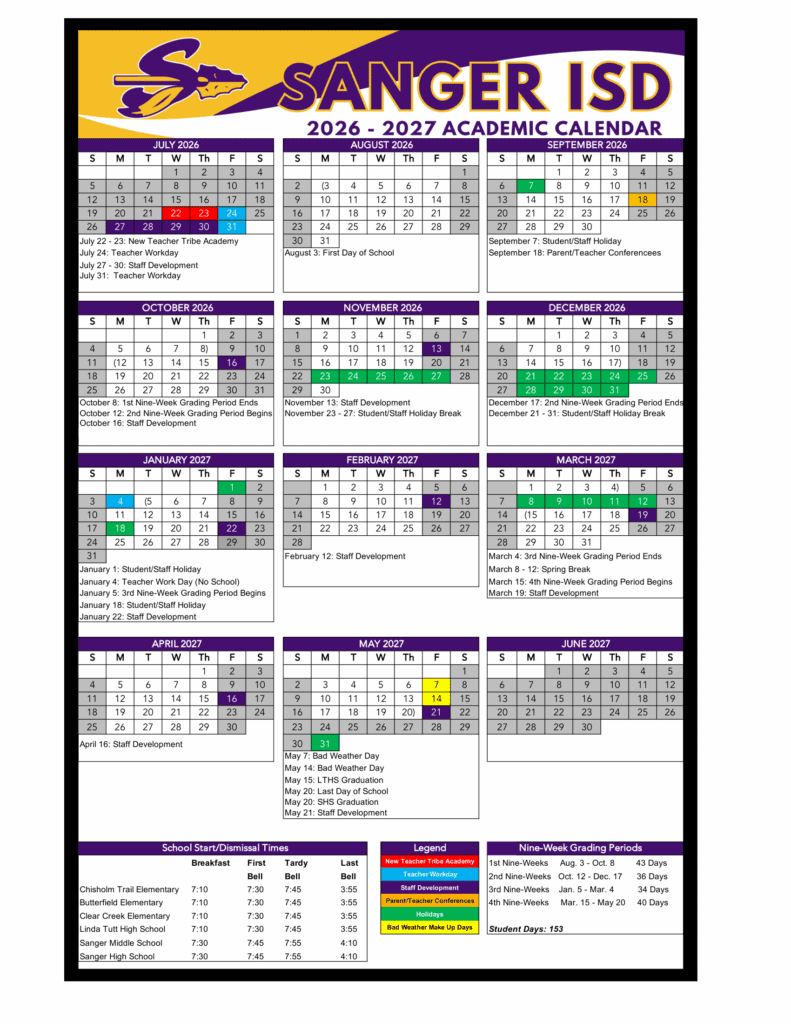 Sanger ISD 26-27 Calendar