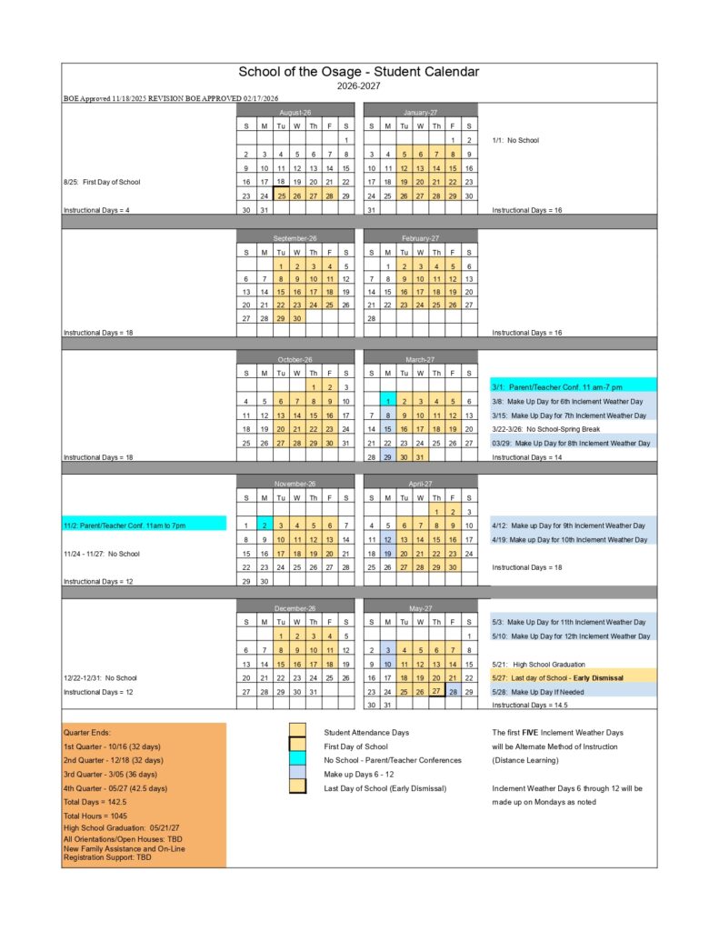 School of the Osage Calendar 2026-2027
