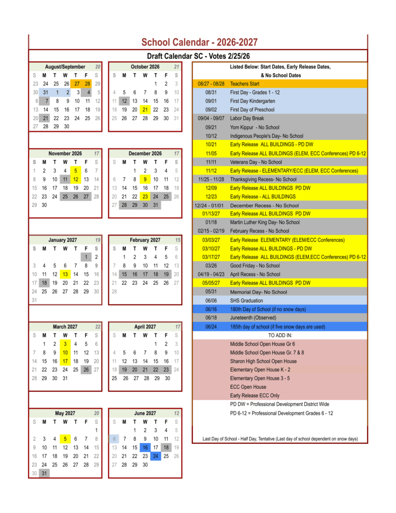 Sharon Public Schools 26-27 Calendar