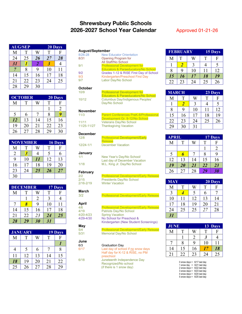 Shrewsbury Public Schools 26-27 Calendar