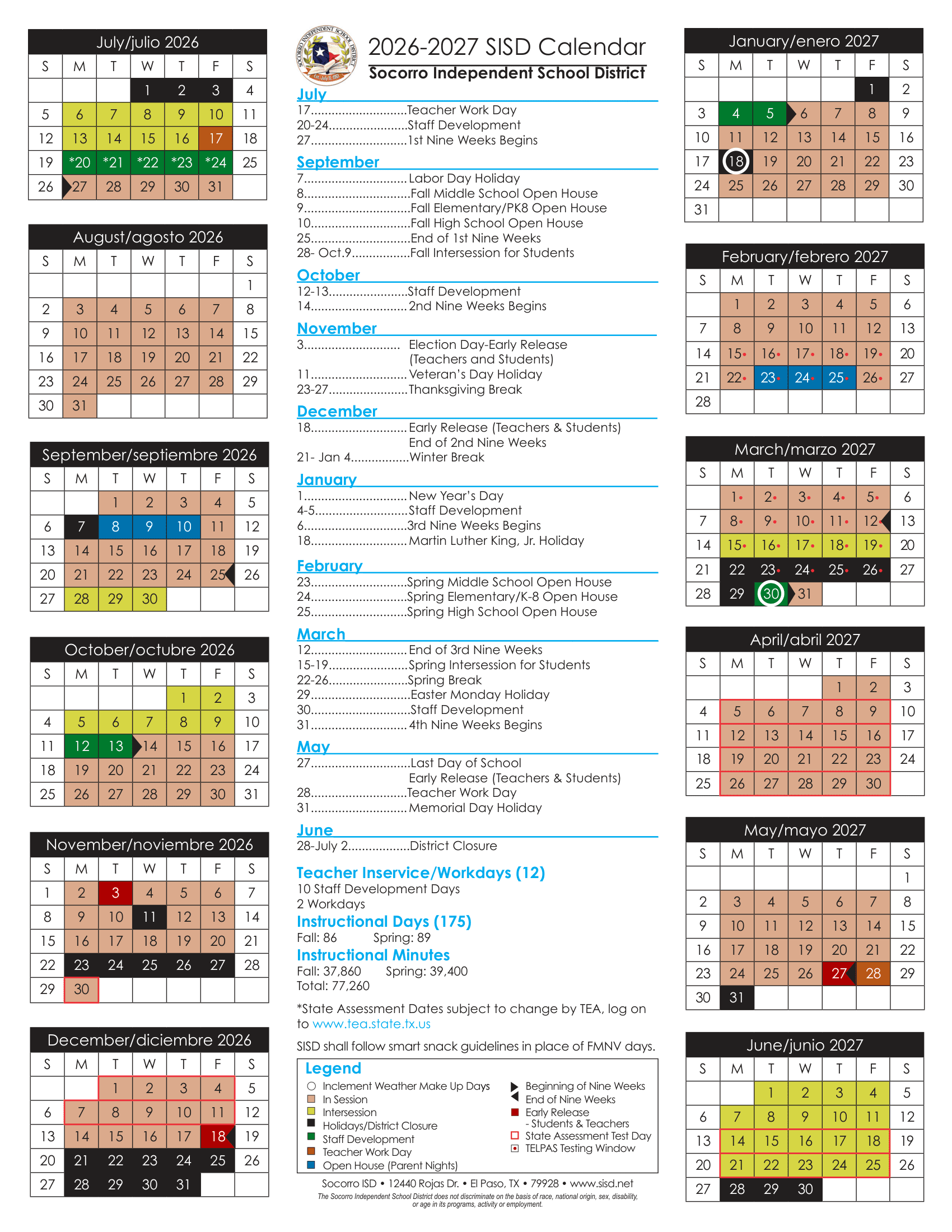 Socorro ISD Independent School District Calendar 26-27