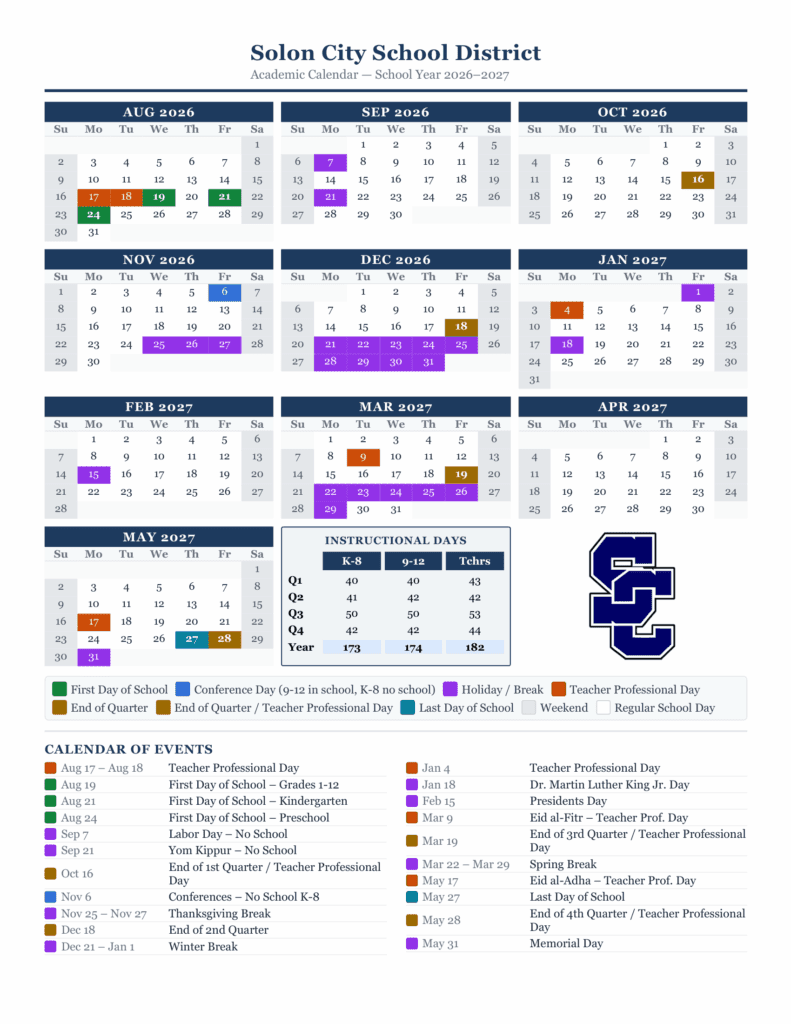 Solon City School District 26-27 Calendar