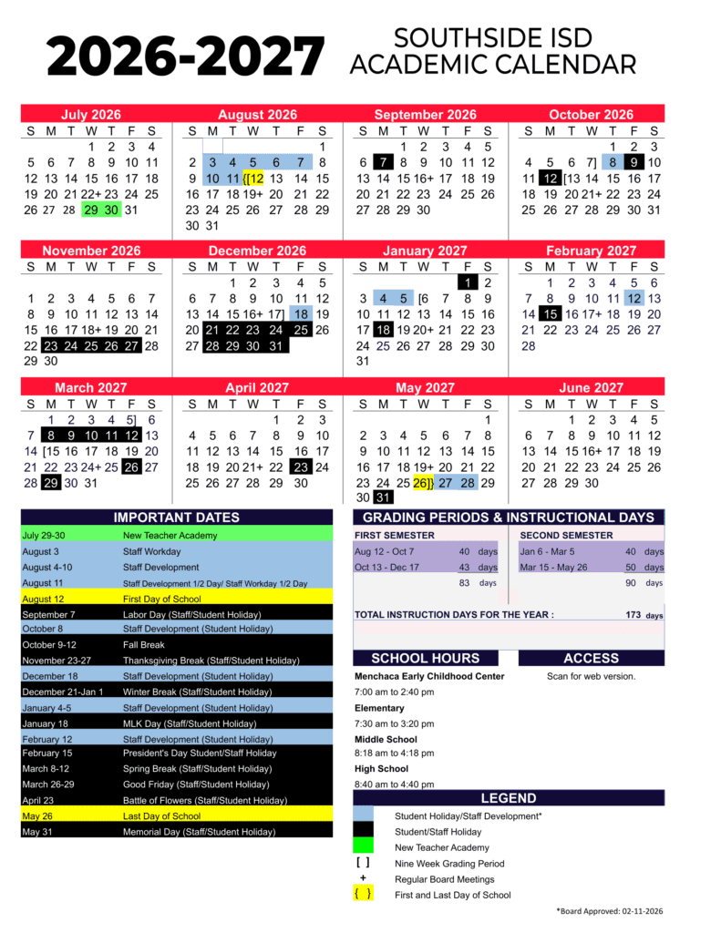 Southside ISD 26-27 Calendar