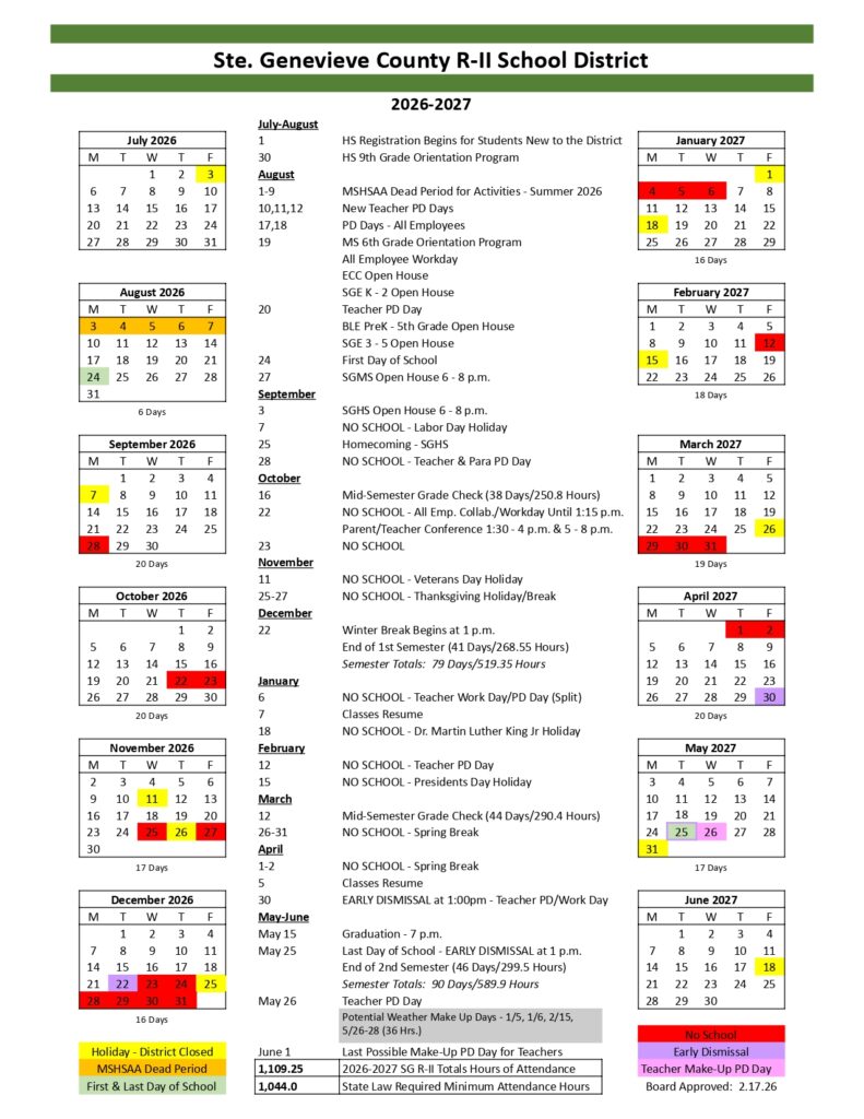 Ste. Genevieve County R-II School District Calendar 2026-2027