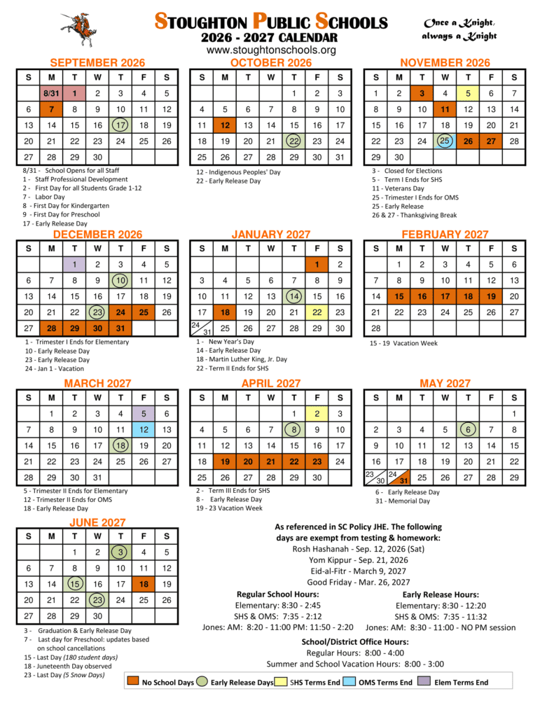 Stoughton Public Schools 26-27 Calendar