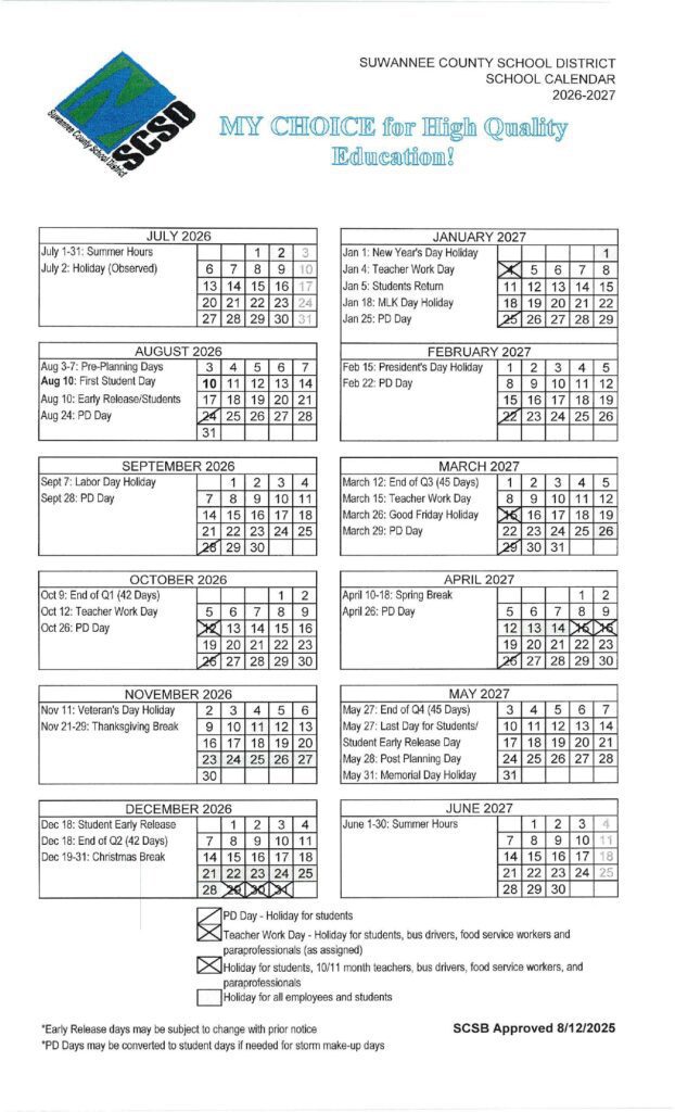 Suwannee County School District Calendar FAQ 2026-2027...1