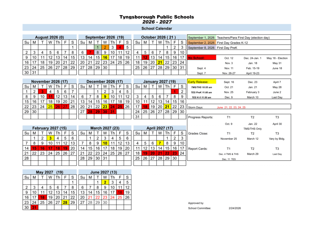 Tyngsborough Public Schools 26-27 Calendar