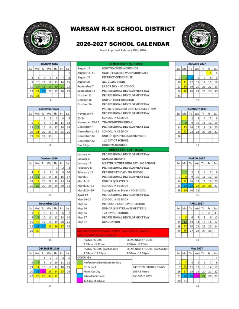 WARSAW R-IX SCHOOL DISTRICT Calendar 2026-2027