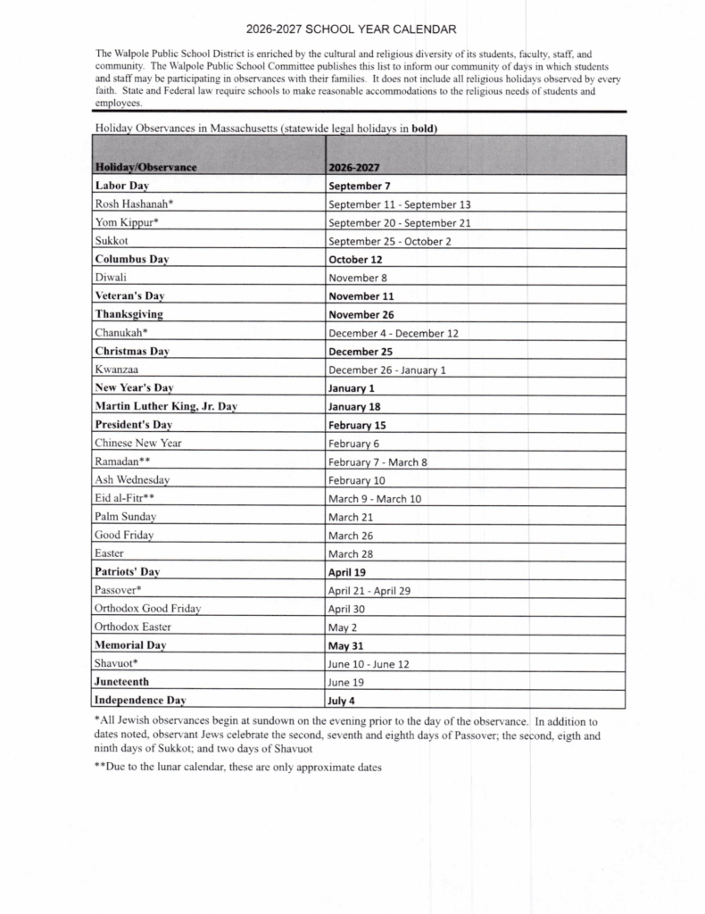 Walpole Public School District 26-27 Calendar (2)