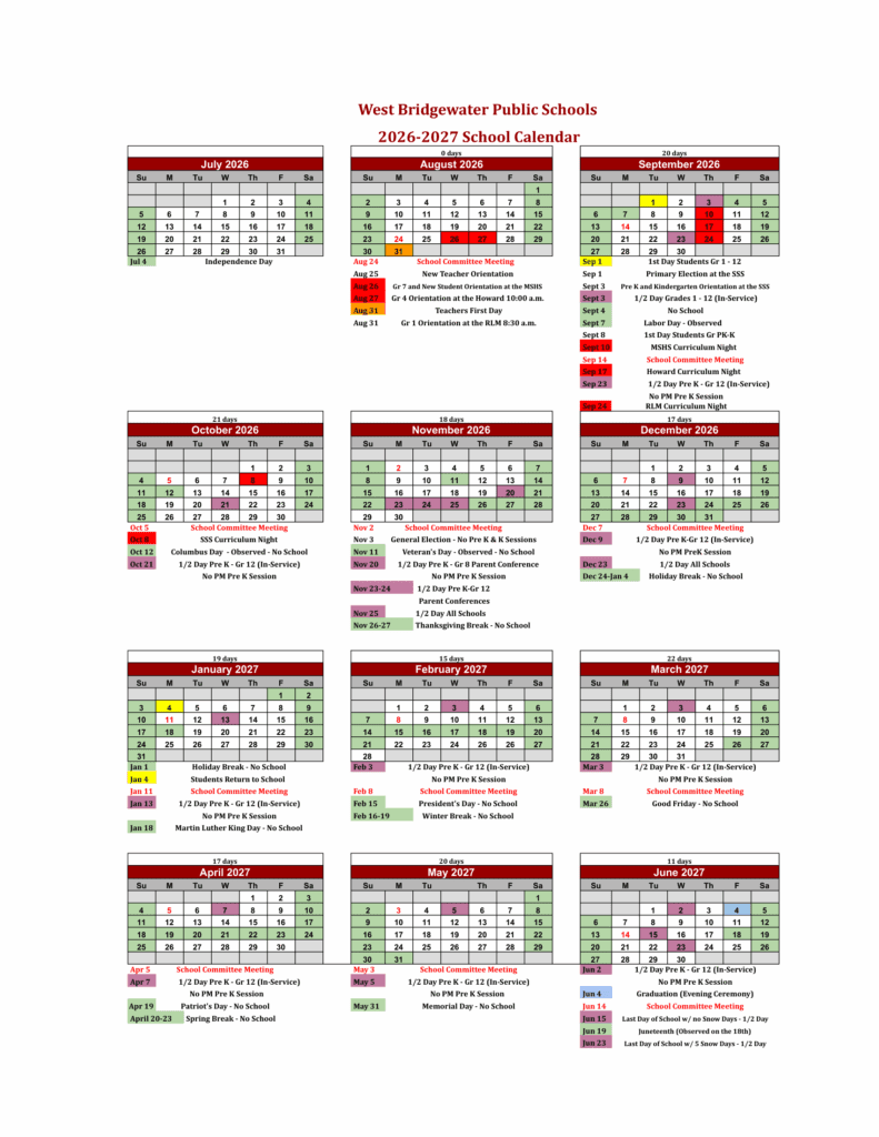 West Bridgewater Public Schools 26-27 Calendar (1)