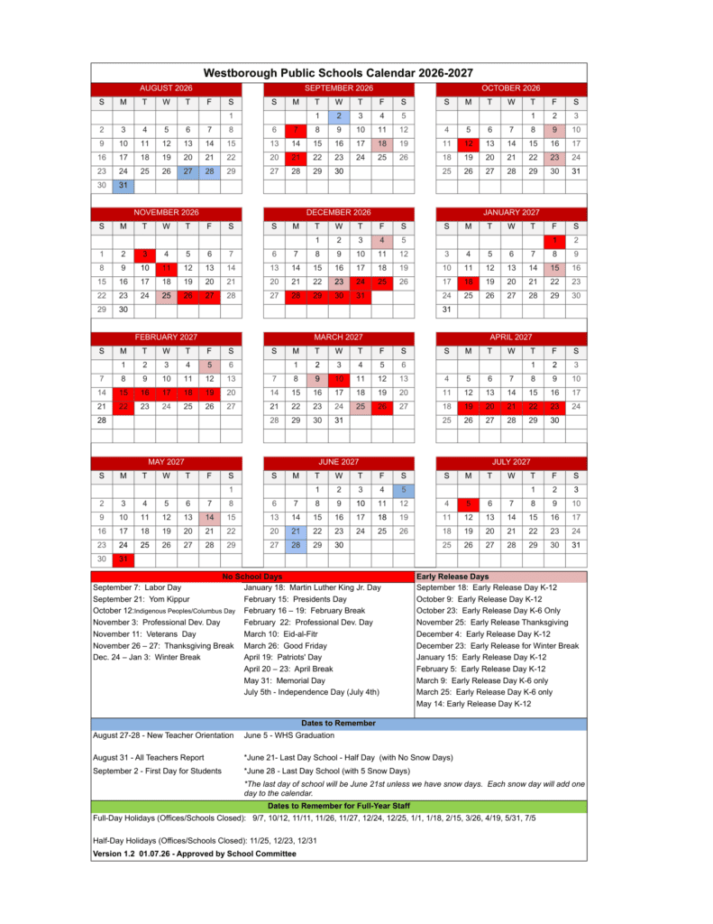 Westborough Public Schools 26-27 Calendar