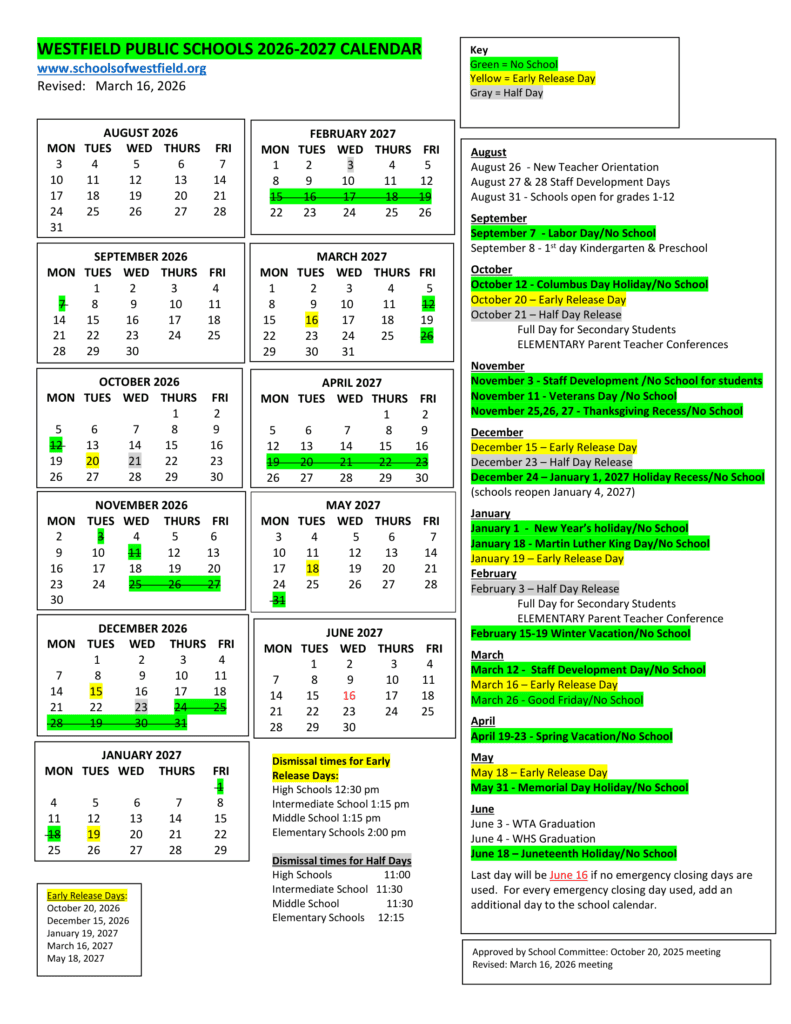 Westfield Public Schools 26-27 Calendar
