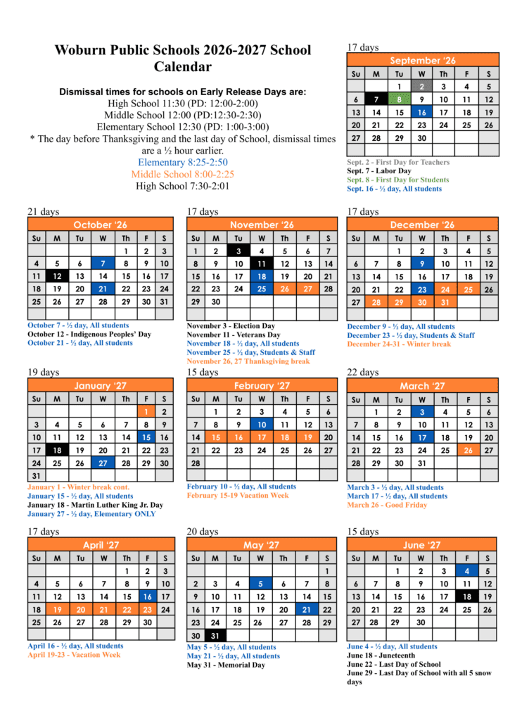 Woburn Public Schools 26-27 Calendar