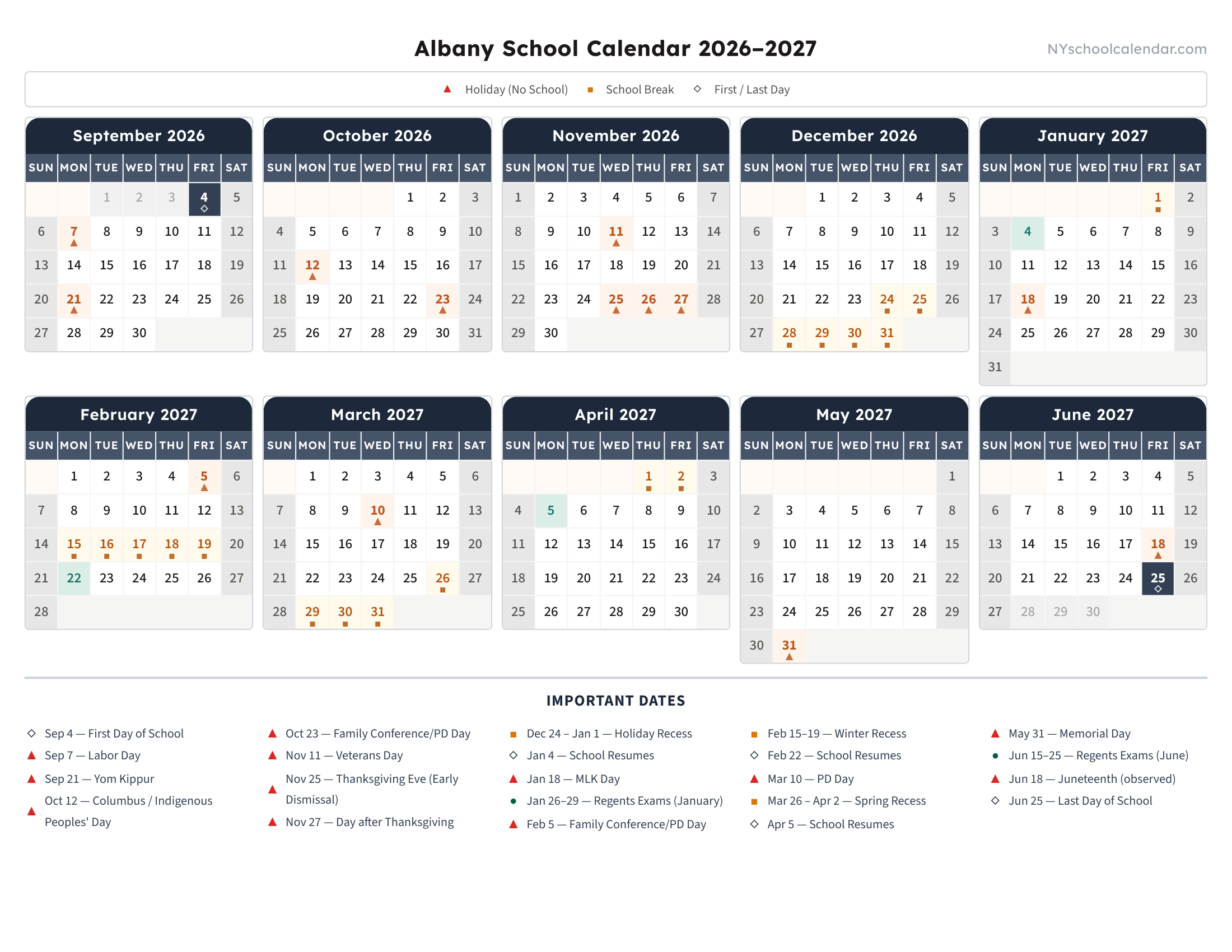 Albany School Calendar Calendar 26-27 Revised