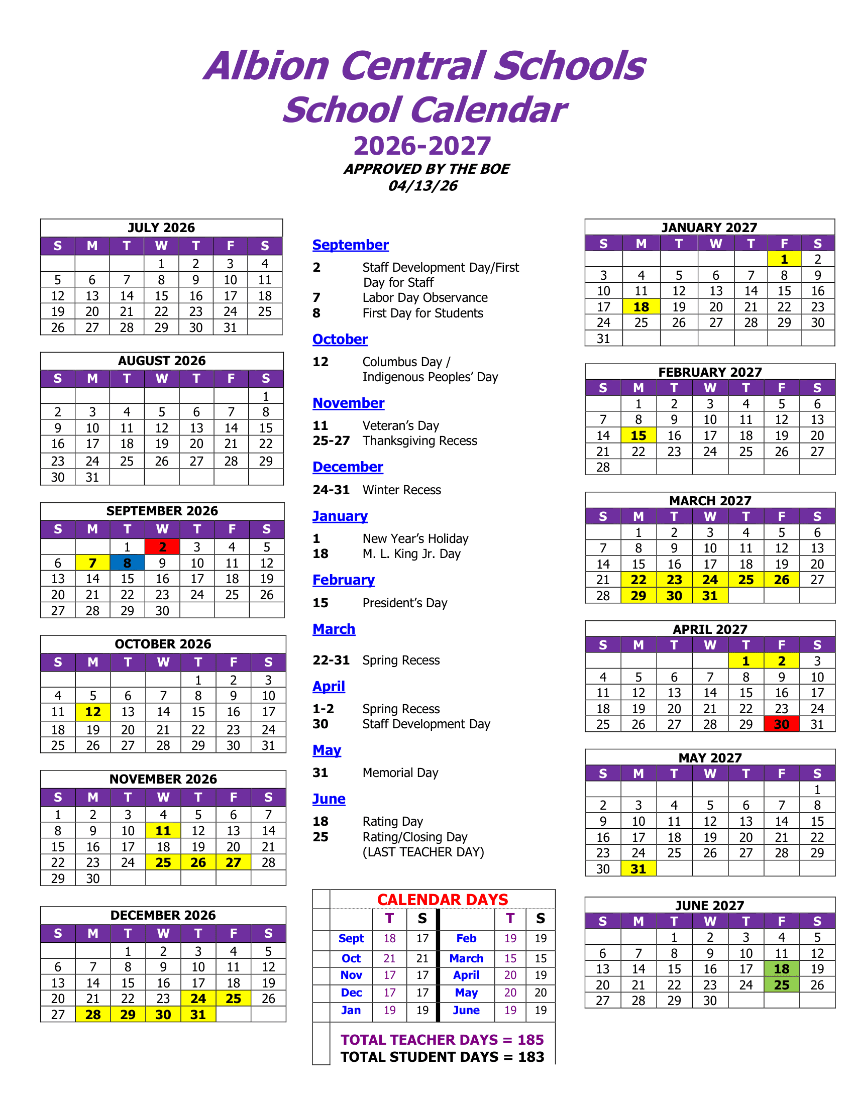 Albion Central Schools Calendar 26-27 Revised