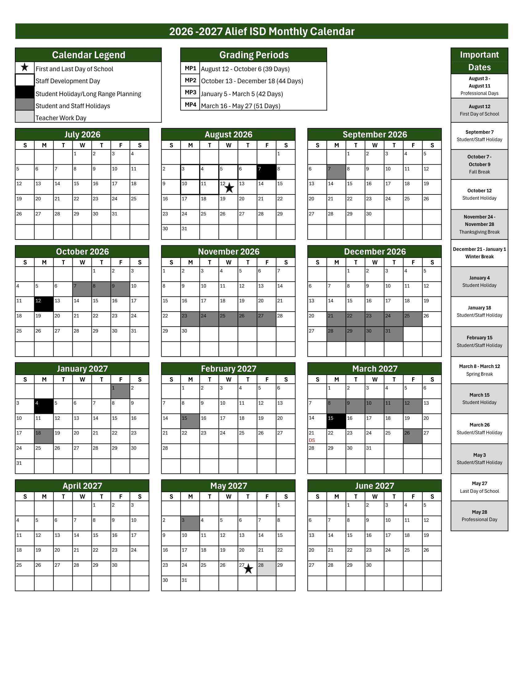 Alief ISD Calendar 26-27 Revised PDF
