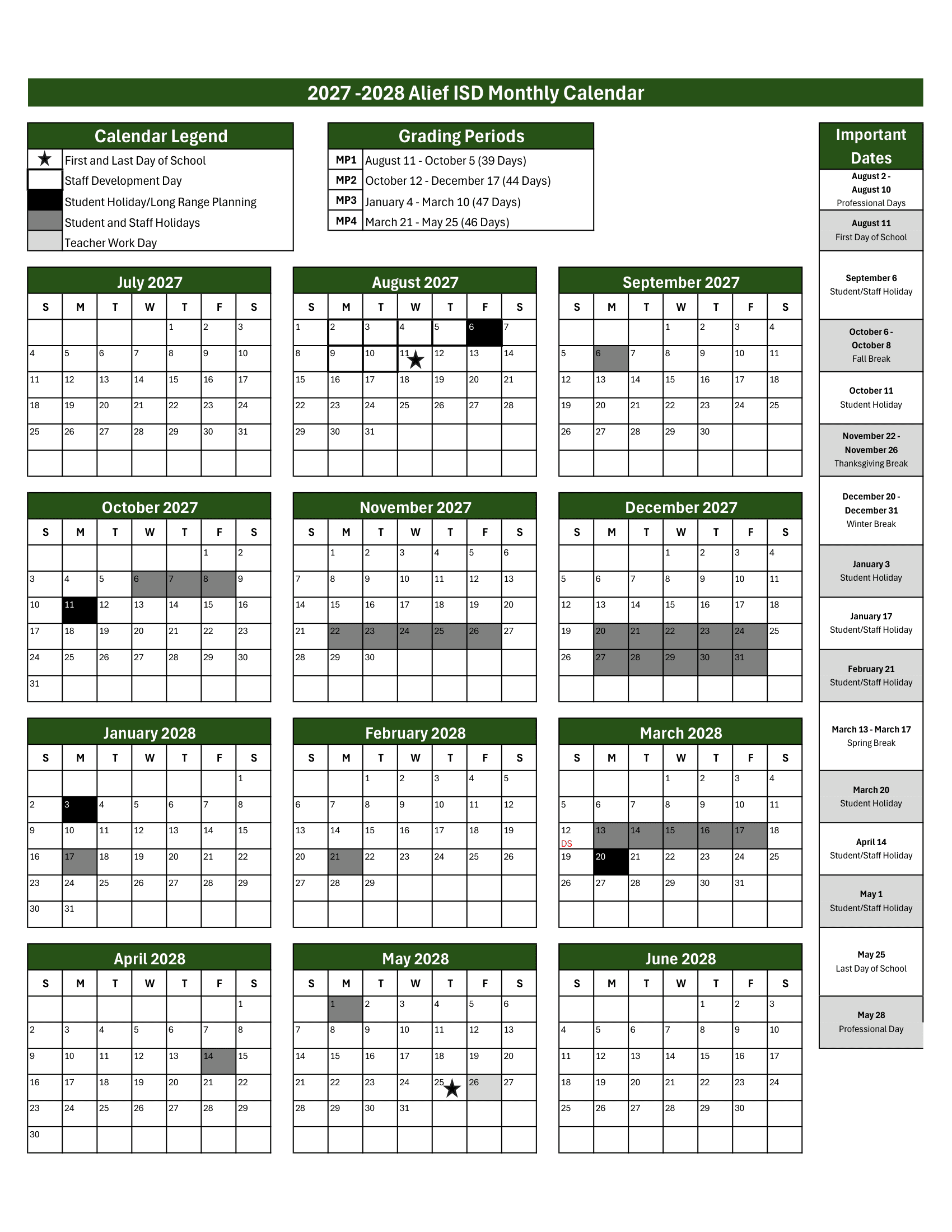 Alief ISD Calendar 26-27 Revised PDF