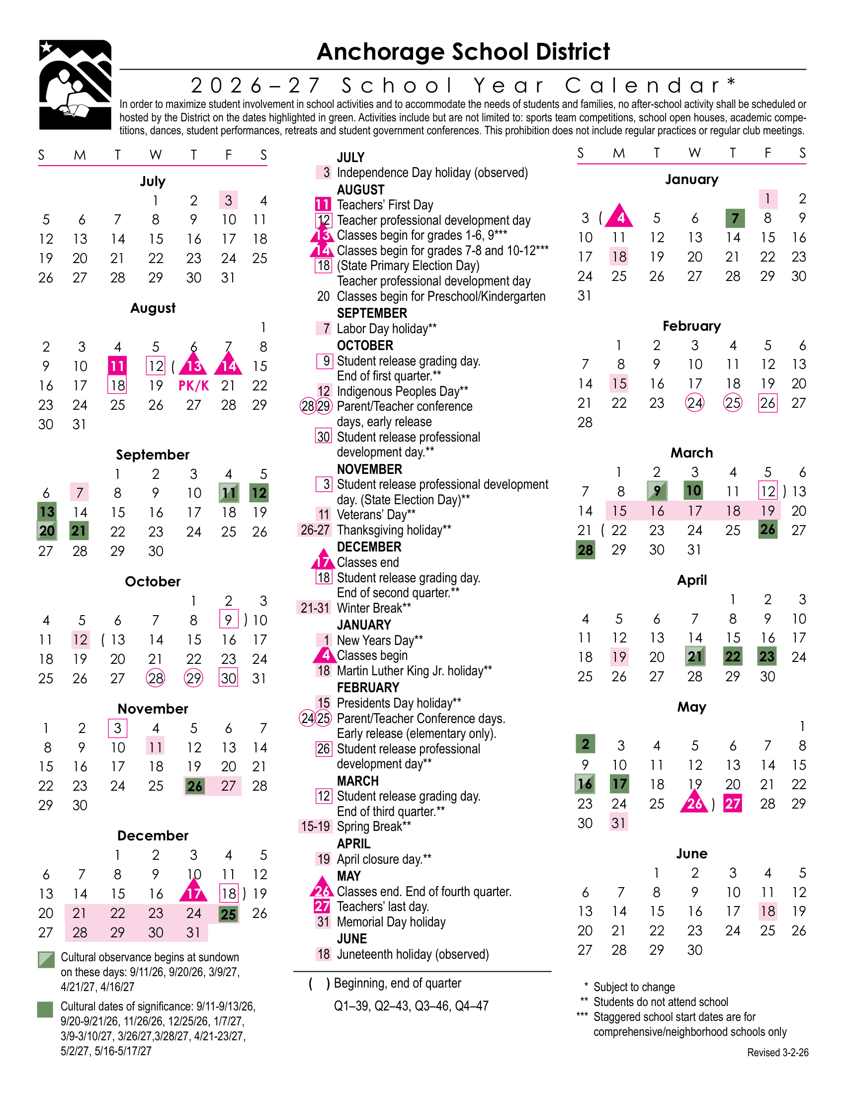 Anchorage School District Calendar 26-27 Revised